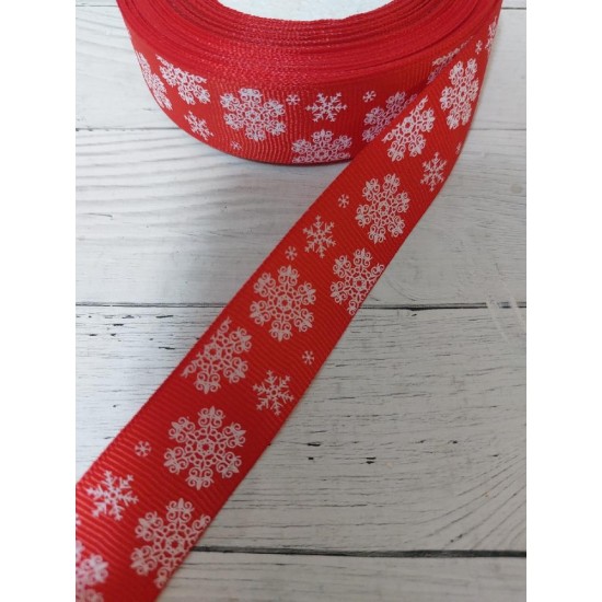 Лента репсовая 2,5 см "Снежинки" цв. красный, цена за 1 м